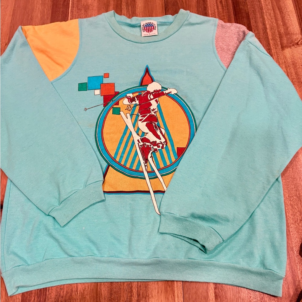 Vintage 90s Ski Sweatshirt Colorblock Graphic Crewneck USA Large
